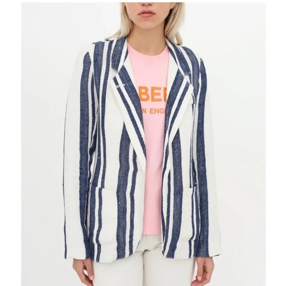 Smythe Blazer 100% Linen Lined‎ Navy Stripe Nautical